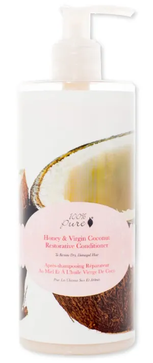 100% PURE Honey & Virgin Coconut Restorative Conditioner Moisturizer & Repair Replenishing Nutrient Boost for Dry Damaged Hair, Promotes Healthy Growth for Women & Men - Sulfate Free - 13 Fl Oz