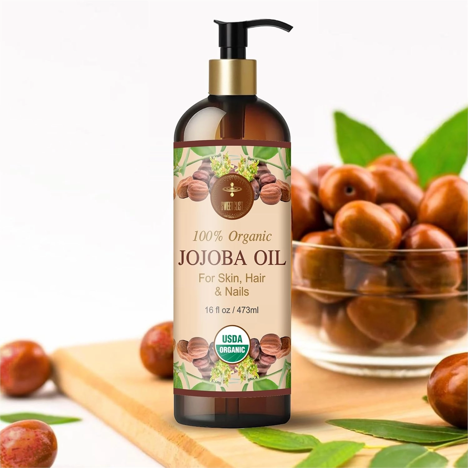 100% Organic Jojoba Oil - 16 fl oz, Unrefined Moisturizer for Face, Hair & Body | USDA Organic, Pure, Hexane-Free, Cruelty-Free