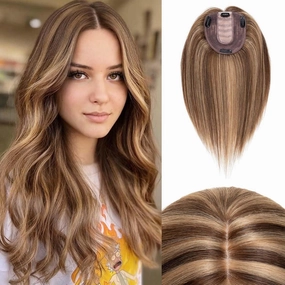 100% Remy Human Hair Silk Base Top Hairpiece for Women Clip in Crown Topper Hand-made Top Toppee Hair piece 120% Density Middle Part with Thinning Hair 12 Inch #4P27 Medium Brown&Dark Blonde 40g