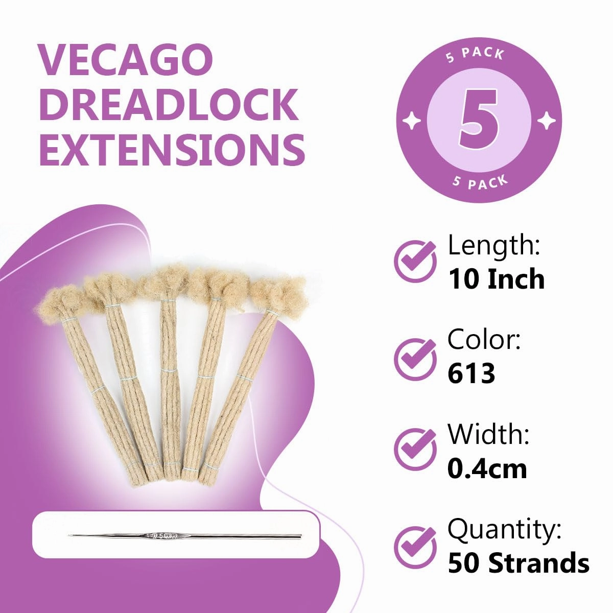 10 inch 50 Strands Loc Extensions Human Hair, 0.4cm Width 100% Human Hair Dreadlock Extensions for Men/Women, Can be Dyed Soft Dreads Extensions,613#Blonde
