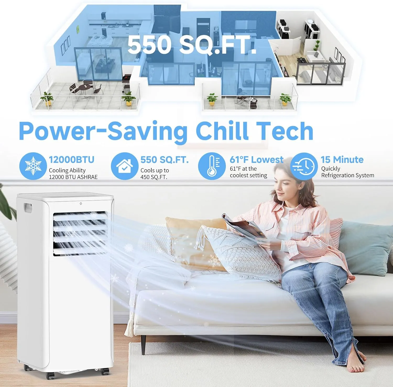 12,000 BTU Portable Air Conditioners - 3-in-1 Cooling Unit with Dehumidifier, Fan & AC Modes - Ac Units Cools Up to 550 Sq.Ft - 24-Hour Timer, Remote Control & Window Kit Included - White