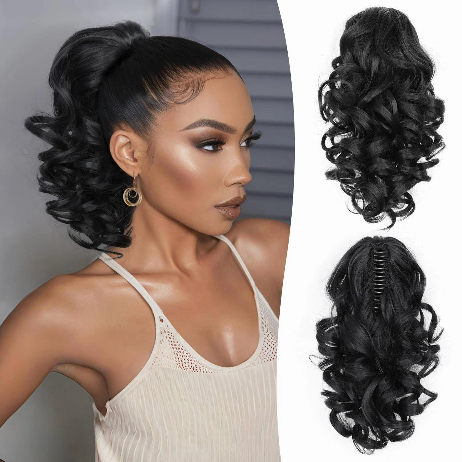 12 Inch Black Ponytail Extension - Soft Wavy Pony Tails Hair Extensions, Claw Clip Ponytail Extension, Natural Short Hair Extensions Ponytail, Synthetic Hair Pieces for Women (Color: Black)