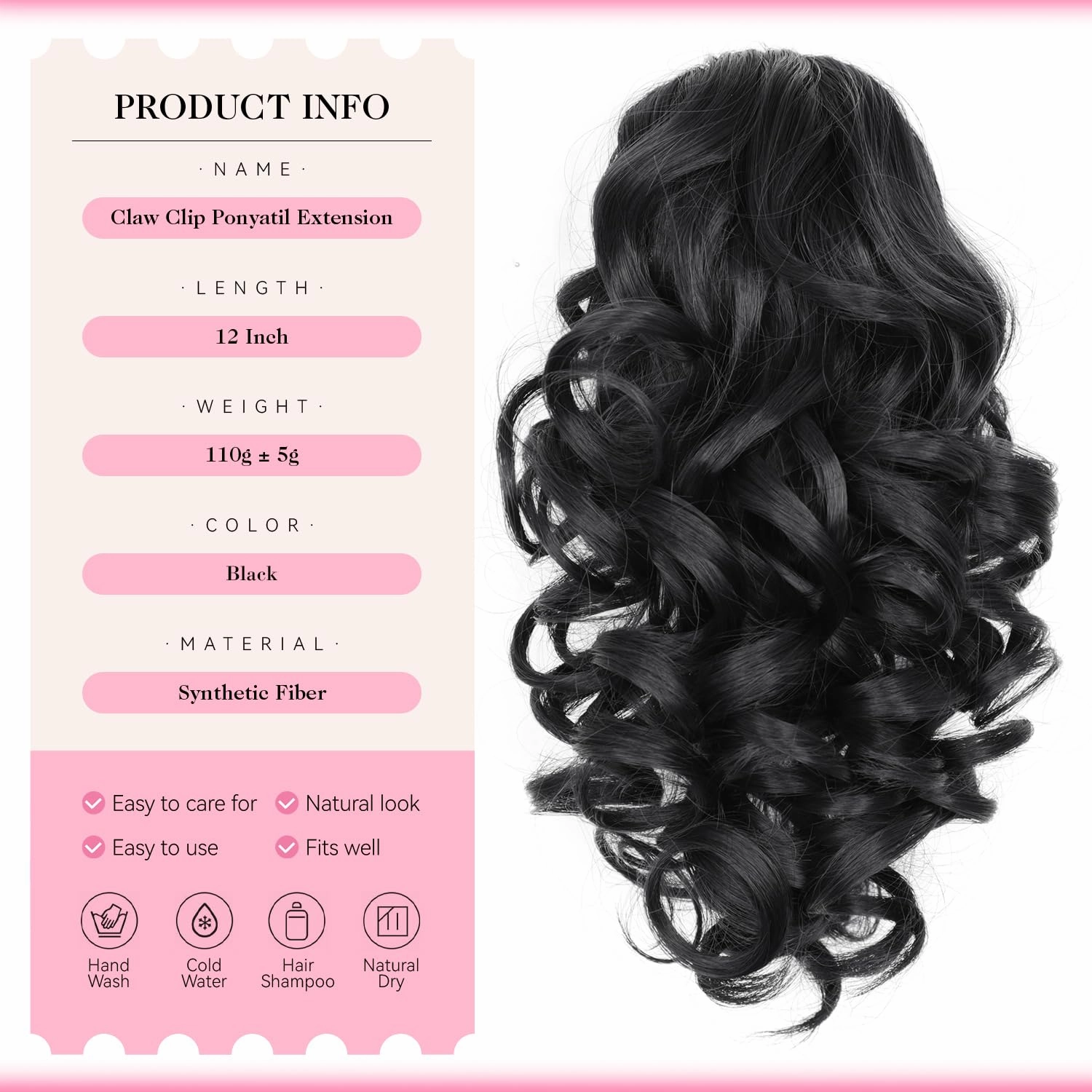 12 Inch Black Ponytail Extension - Soft Wavy Pony Tails Hair Extensions, Claw Clip Ponytail Extension, Natural Short Hair Extensions Ponytail, Synthetic Hair Pieces for Women (Color: Black)