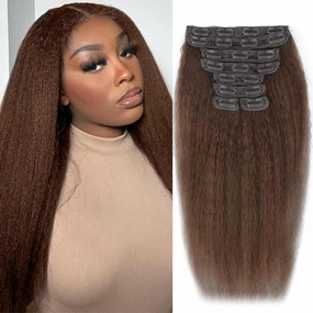 12 Inch Chocolate Brown Kinky Straight Clip in Hair Extensions Real Human Hair Clip in Extensions 8Pcs 110g 20 Clips Brazilian Virgin Hair Yaki Straight Clip ins Double Weft