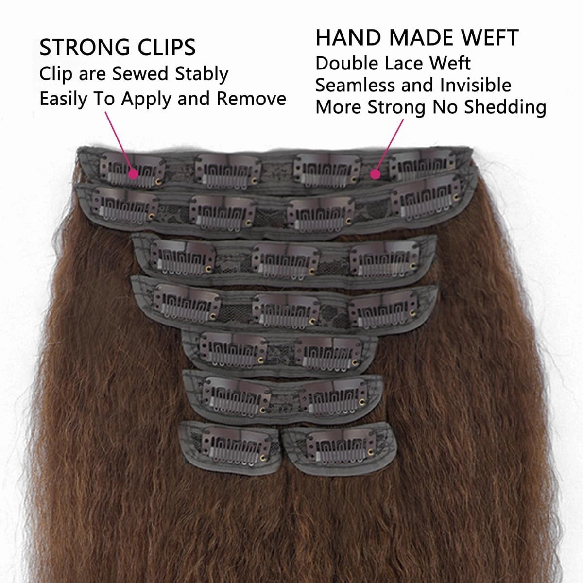 12 Inch Chocolate Brown Kinky Straight Clip in Hair Extensions Real Human Hair Clip in Extensions 8Pcs 110g 20 Clips Brazilian Virgin Hair Yaki Straight Clip ins Double Weft