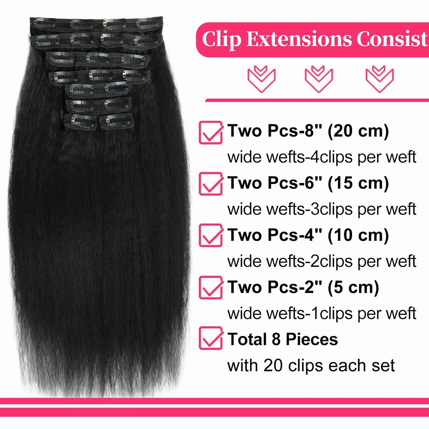 12 Inch Kinky Straight Clip in Hair Extensions Real Human Hair Clip in Extensions 8Pcs 110g 20 Clips Brazilian Virgin Hair Yaki Straight Clip ins Double Weft Natural Black