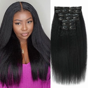 12 Inch Kinky Straight Clip in Hair Extensions Real Human Hair Clip in Extensions 8Pcs 110g 20 Clips Brazilian Virgin Hair Yaki Straight Clip ins Double Weft Natural Black