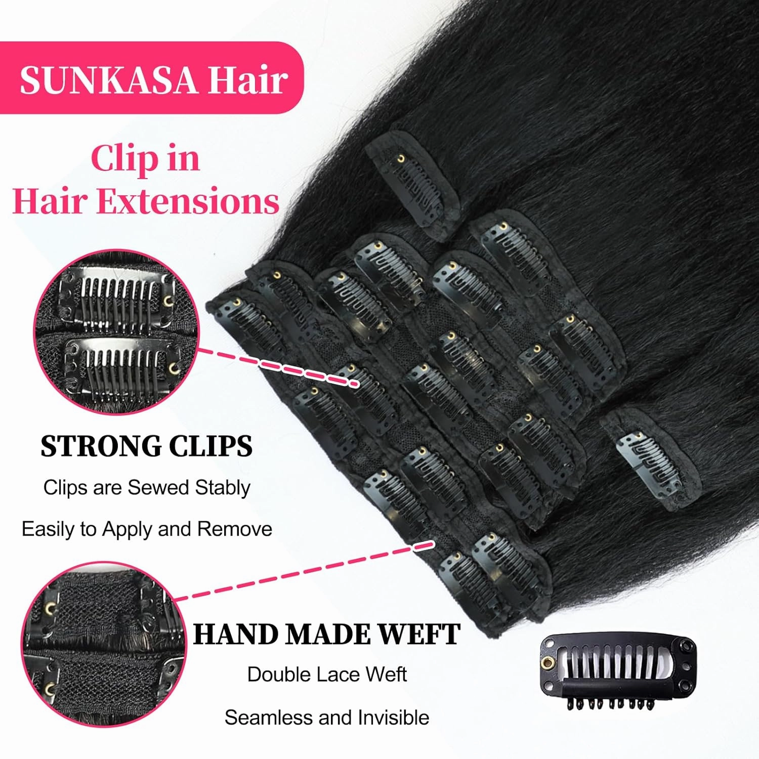 12 Inch Kinky Straight Clip in Hair Extensions Real Human Hair Clip in Extensions 8Pcs 110g 20 Clips Brazilian Virgin Hair Yaki Straight Clip ins Double Weft Natural Black