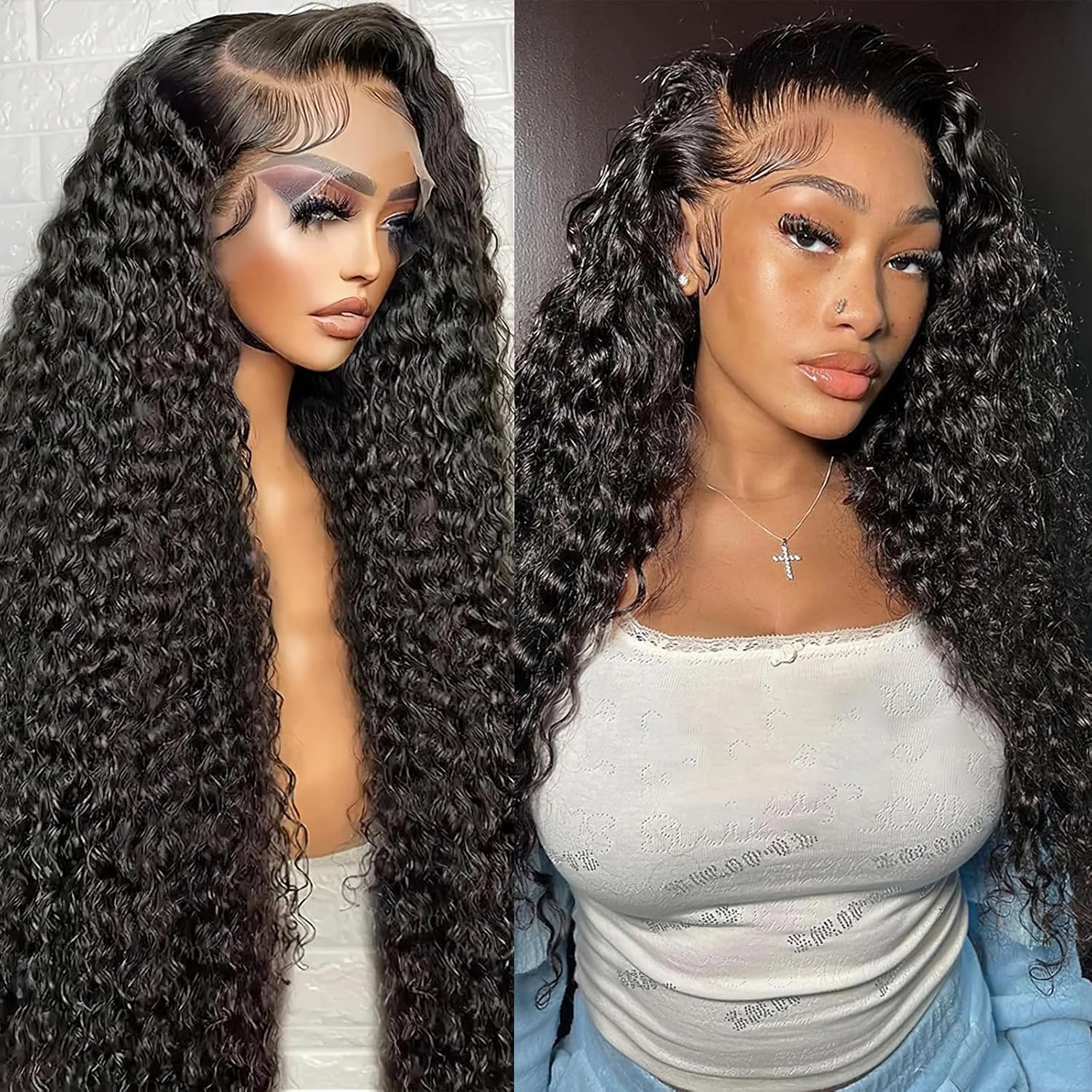 13x6 Deep Wave Lace Front Wigs Human Hair Pre Plucked 180% Density Natural Black Curly Glueless Synthetic Wigs for Women 30 Inch