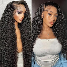 13x6 Deep Wave Lace Front Wigs Human Hair Pre Plucked 180% Density Natural Black Curly Glueless Synthetic Wigs for Women 30 Inch