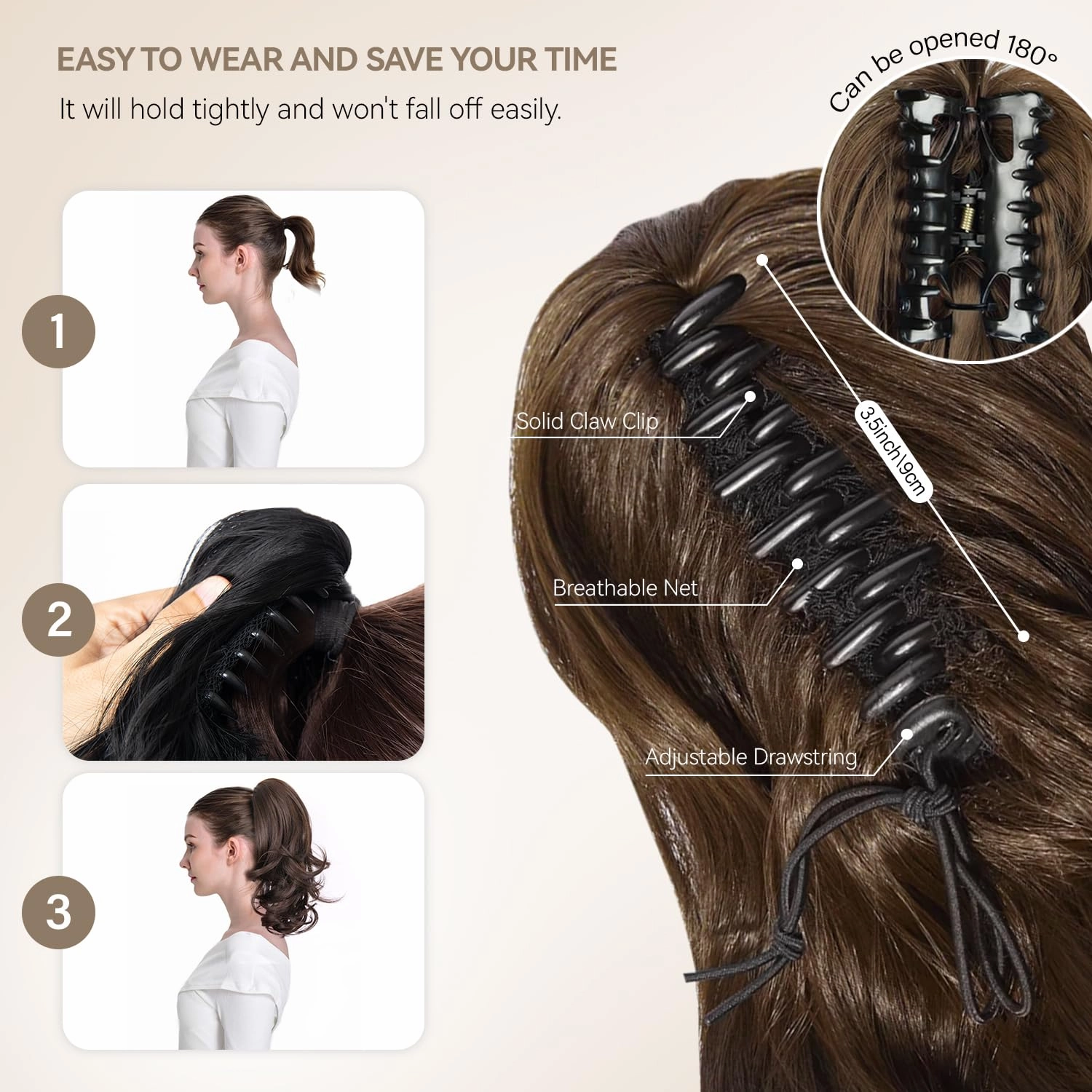 14 Inch Ponytail Extension - Clip in Ponytail Hair Extensions, Curly Wavy Pony Tails Hair Extensions, Synthetic Claw Clip Ponytail Extension for Women (Color: Chestnut Brown With Golden Highlights)