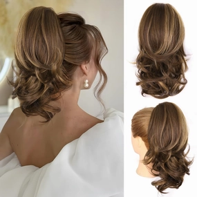 14 Inch Ponytail Extension - Clip in Ponytail Hair Extensions, Curly Wavy Pony Tails Hair Extensions, Synthetic Claw Clip Ponytail Extension for Women (Color: Chestnut Brown With Golden Highlights)