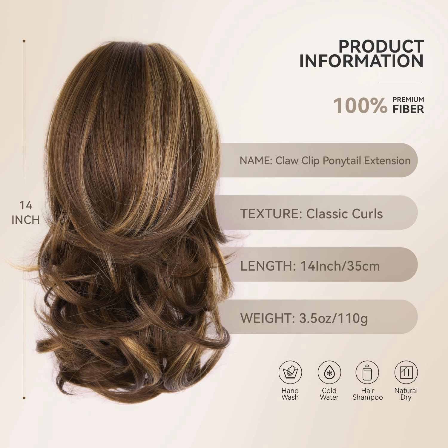 14 Inch Ponytail Extension - Clip in Ponytail Hair Extensions, Curly Wavy Pony Tails Hair Extensions, Synthetic Claw Clip Ponytail Extension for Women (Color: Chestnut Brown With Golden Highlights)
