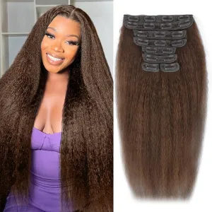 16 Inch Chocolate Brown Kinky Straight Clip in Hair Extensions Real Human Hair Clip in Extensions 8Pcs 110g 20 Clips Brazilian Virgin Hair Yaki Straight Clip ins Double Weft