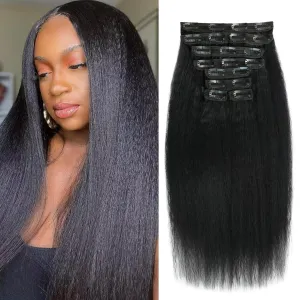 16 Inch Kinky Straight Clip in Hair Extensions Real Human Hair Clip in Extensions 8Pcs 110g 20 Clips Brazilian Virgin Hair Yaki Straight Clip ins Double Weft Natural Black