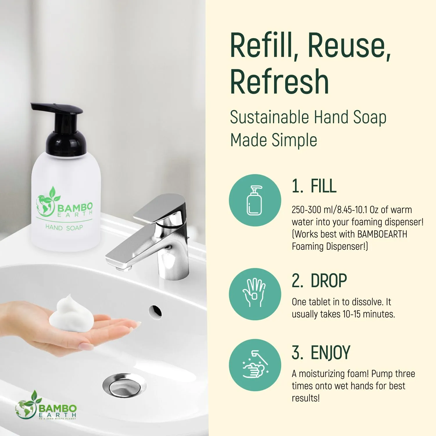 18 Pack Natural Foaming Hand Soap Tablets - Soft Moisturizing Handwash Tab Refills - 1 Tablet = 9 Oz Refillable Liquid Wash Foam Handsoap - Eco-Friendly Paper Softsoap Refill Tabs (Dispenser   6 Tabs)