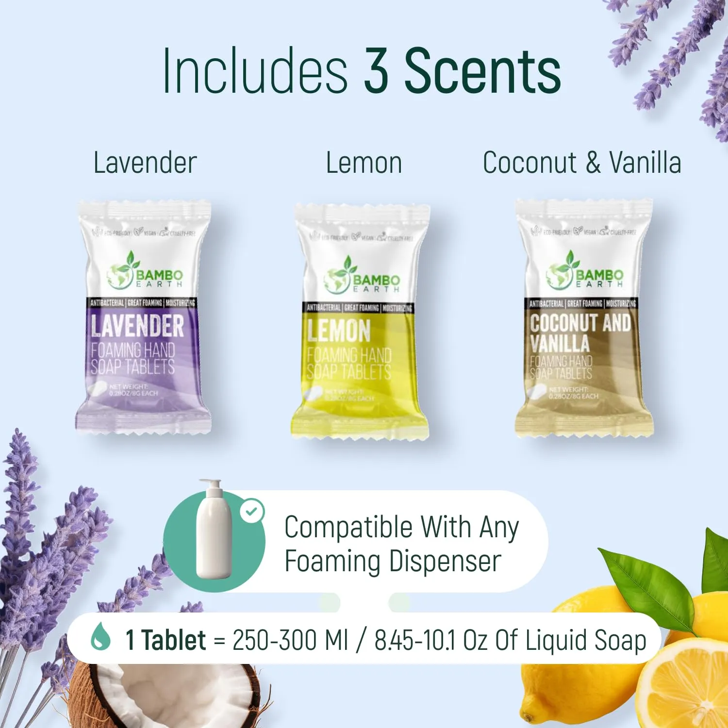 18 Pack Natural Foaming Hand Soap Tablets - Soft Moisturizing Handwash Tab Refills - 1 Tablet = 9 Oz Refillable Liquid Wash Foam Handsoap - Eco-Friendly Paper Softsoap Refill Tabs (Dispenser   6 Tabs)