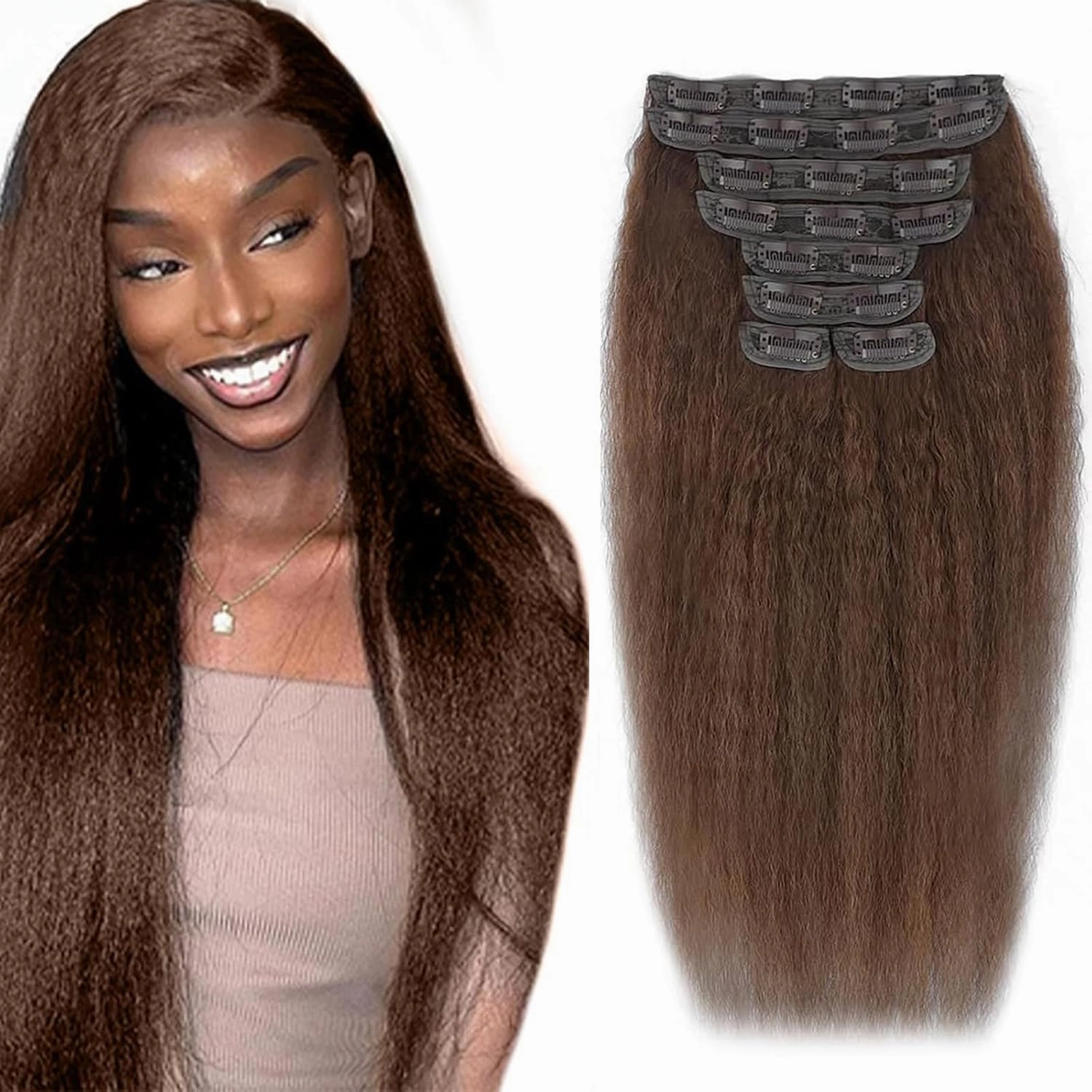 18 Inch Chocolate Brown Kinky Straight Clip in Hair Extensions Real Human Hair Clip in Extensions 8Pcs 110g 20 Clips Brazilian Virgin Hair Yaki Straight Clip ins Double Weft