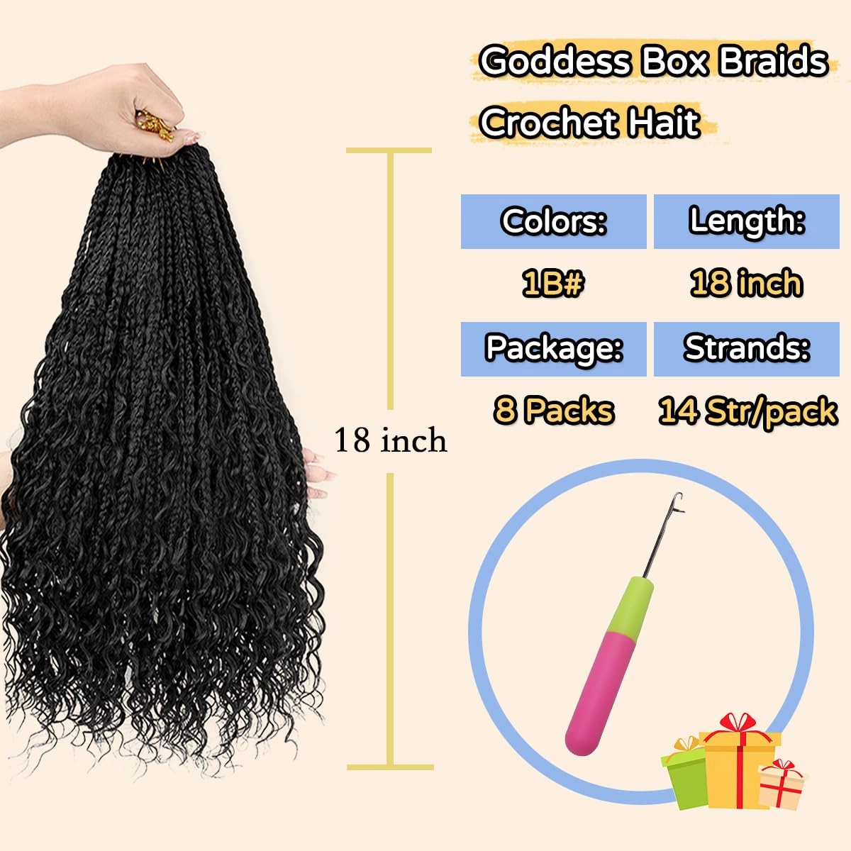 18 Inch Goddess Box Braids Crochet Hair 8 Packs Boho Box Braids Crochet Hair Bohemian Braid Hair Synthetic Crochet Hair for Black Women 1B#