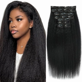 18 Inch Kinky Straight Clip in Hair Extensions Real Human Hair Clip in Extensions 8Pcs 110g 20 Clips Brazilian Virgin Hair Yaki Straight Clip ins Double Weft Natural Black