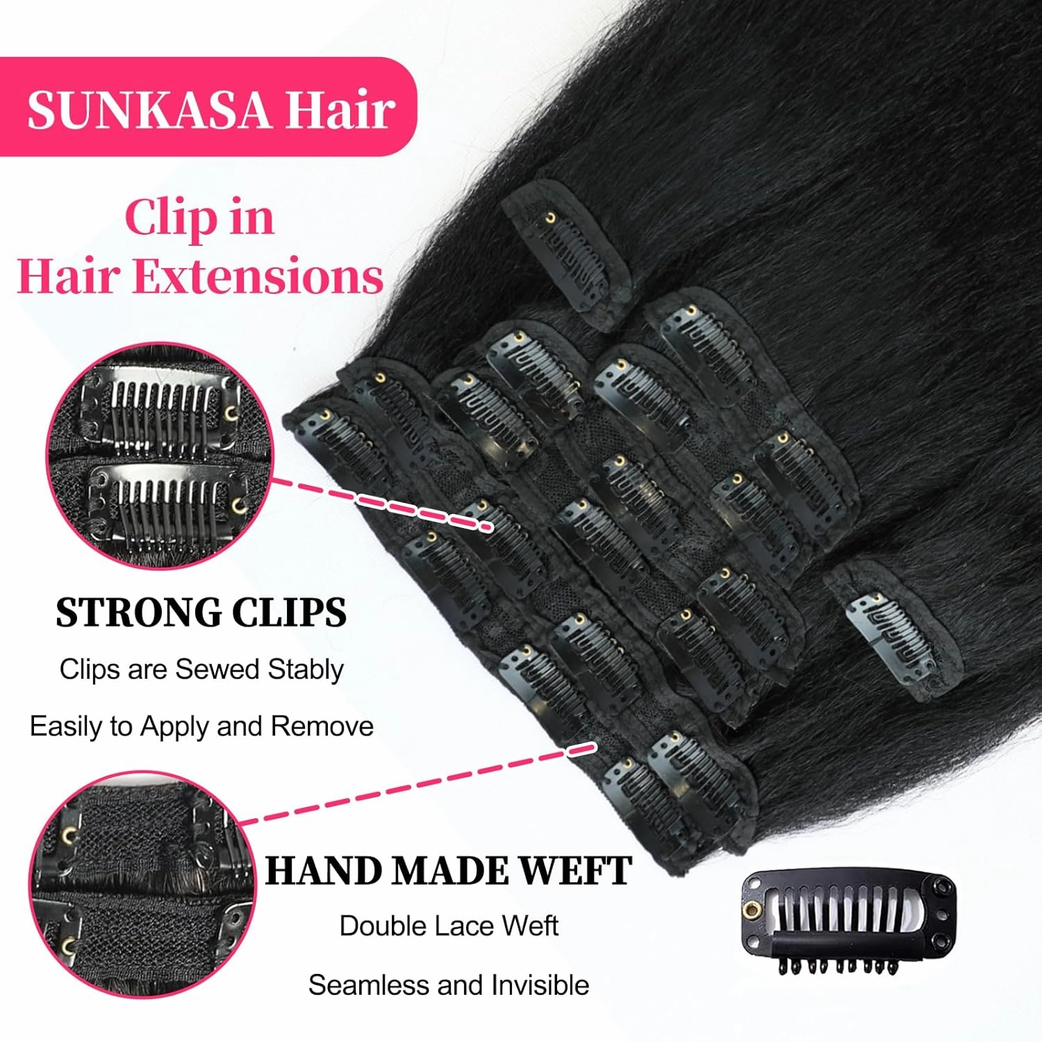 18 Inch Kinky Straight Clip in Hair Extensions Real Human Hair Clip in Extensions 8Pcs 110g 20 Clips Brazilian Virgin Hair Yaki Straight Clip ins Double Weft Natural Black