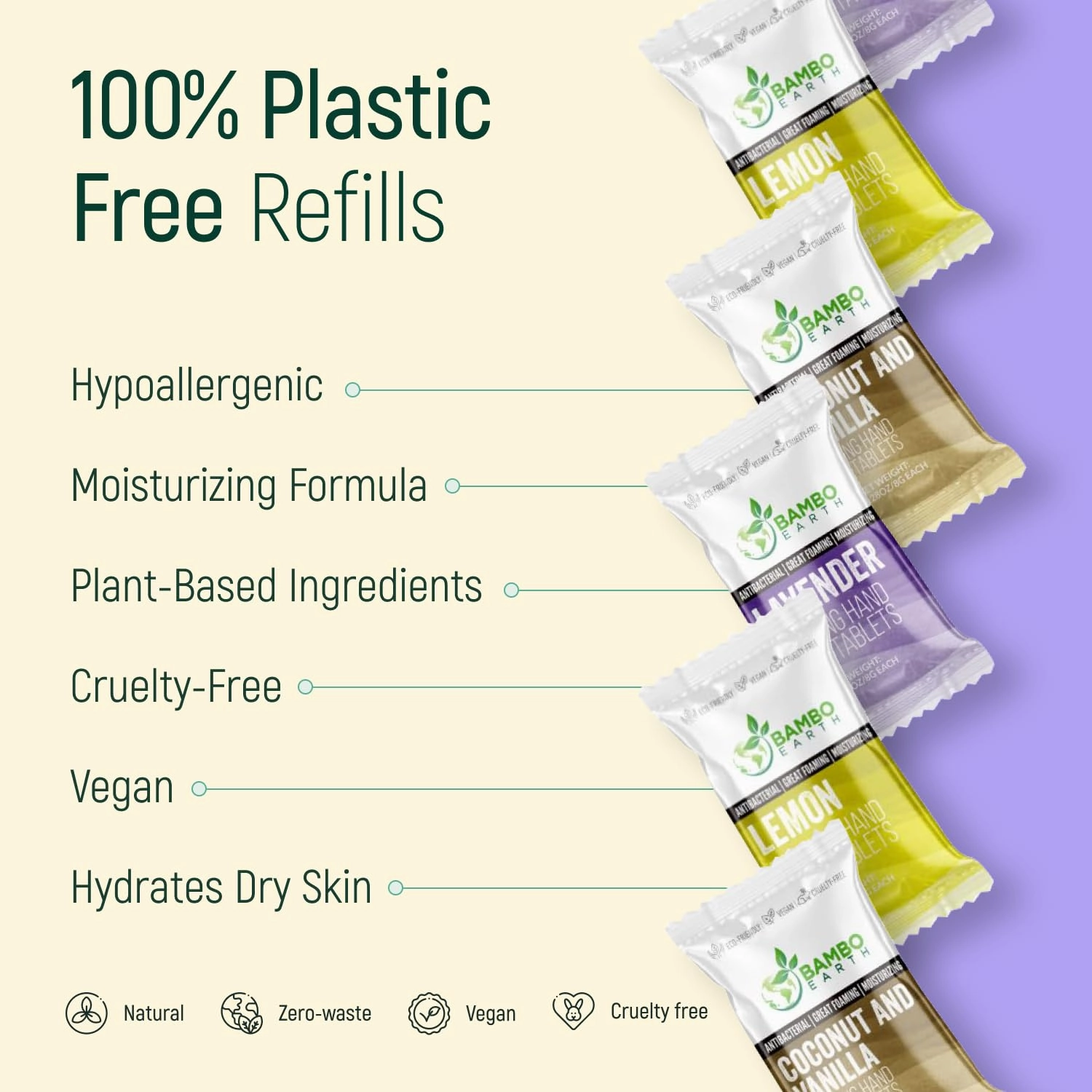 18 Pack Natural Foaming Hand Soap Tablets - Soft Moisturizing Handwash Tab Refills - 1 Tablet = 9 Oz Refillable Liquid Wash Foam Handsoap - Eco-Friendly Paper Softsoap Refill Tabs (Lavender)