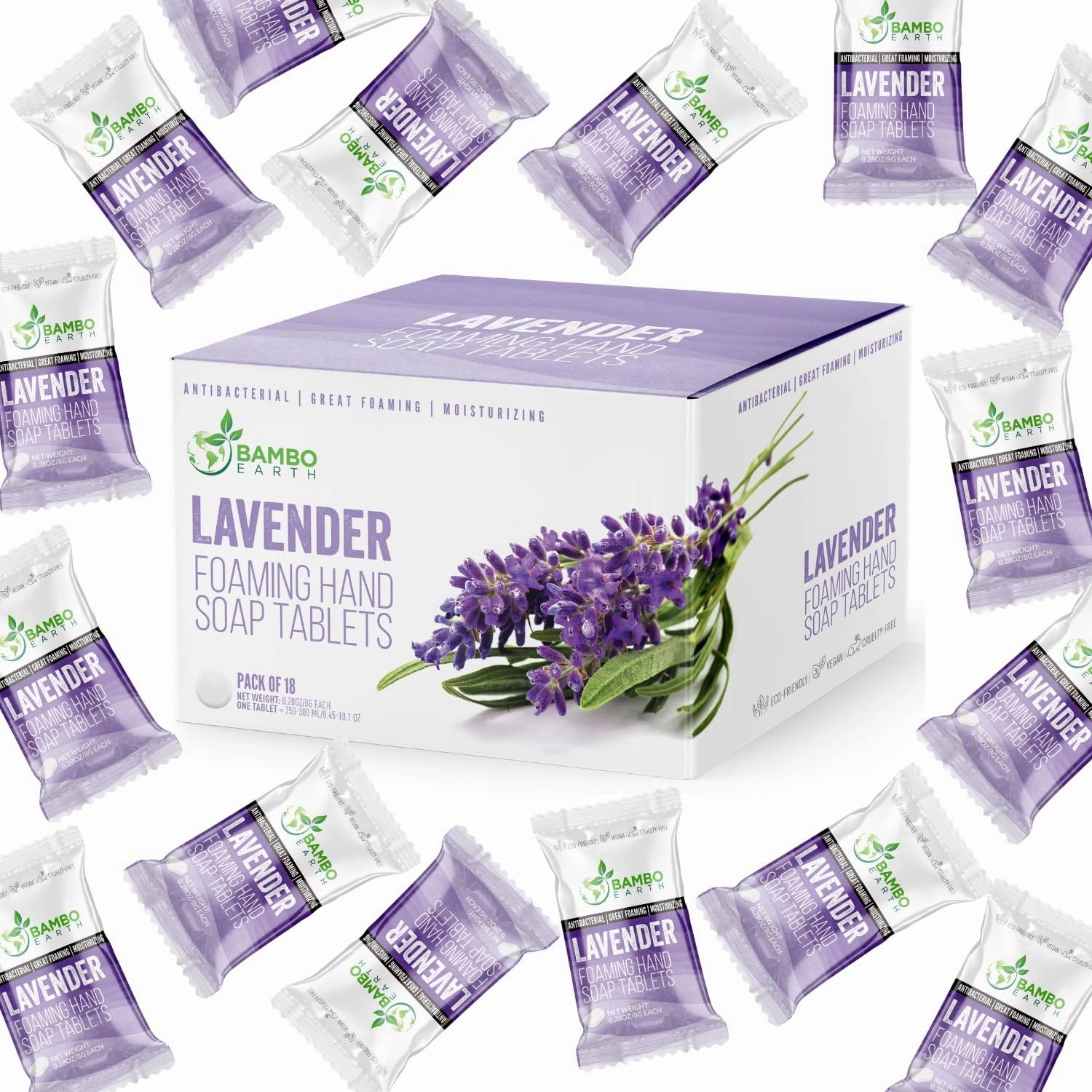 18 Pack Natural Foaming Hand Soap Tablets - Soft Moisturizing Handwash Tab Refills - 1 Tablet = 9 Oz Refillable Liquid Wash Foam Handsoap - Eco-Friendly Paper Softsoap Refill Tabs (Lavender)