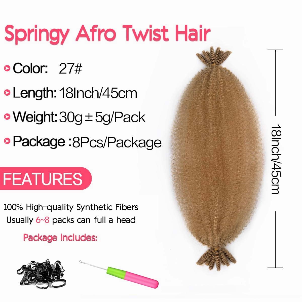 18Inch Marley Twist Braiding Hair Pre Stretched 8Packs Pre Fluffed kinky Twist Hair Wrapping Hair for Soft Locs Hair Extensions (18 Inch,8Pack,#27)