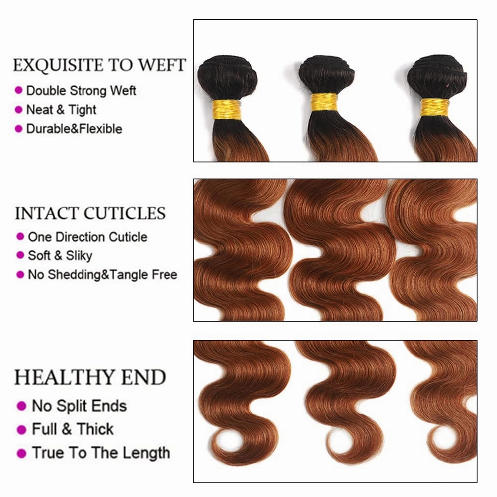 1B30 Bundles Ombre Body Wave Human Hair Bundles Two Tone Black And Light Brown Bundles Human Hair 3 Bundles 8 10 12 Inch 1B30 Body Wave Bundles Hair Weave