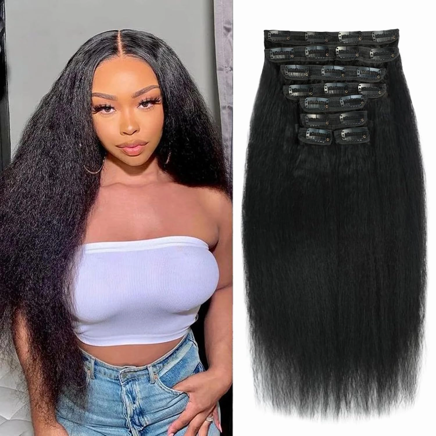 20 Inch Kinky Straight Clip in Hair Extensions Real Human Hair Clip in Extensions 8Pcs 110g 20 Clips Brazilian Virgin Hair Yaki Straight Clip ins Double Weft Natural Black