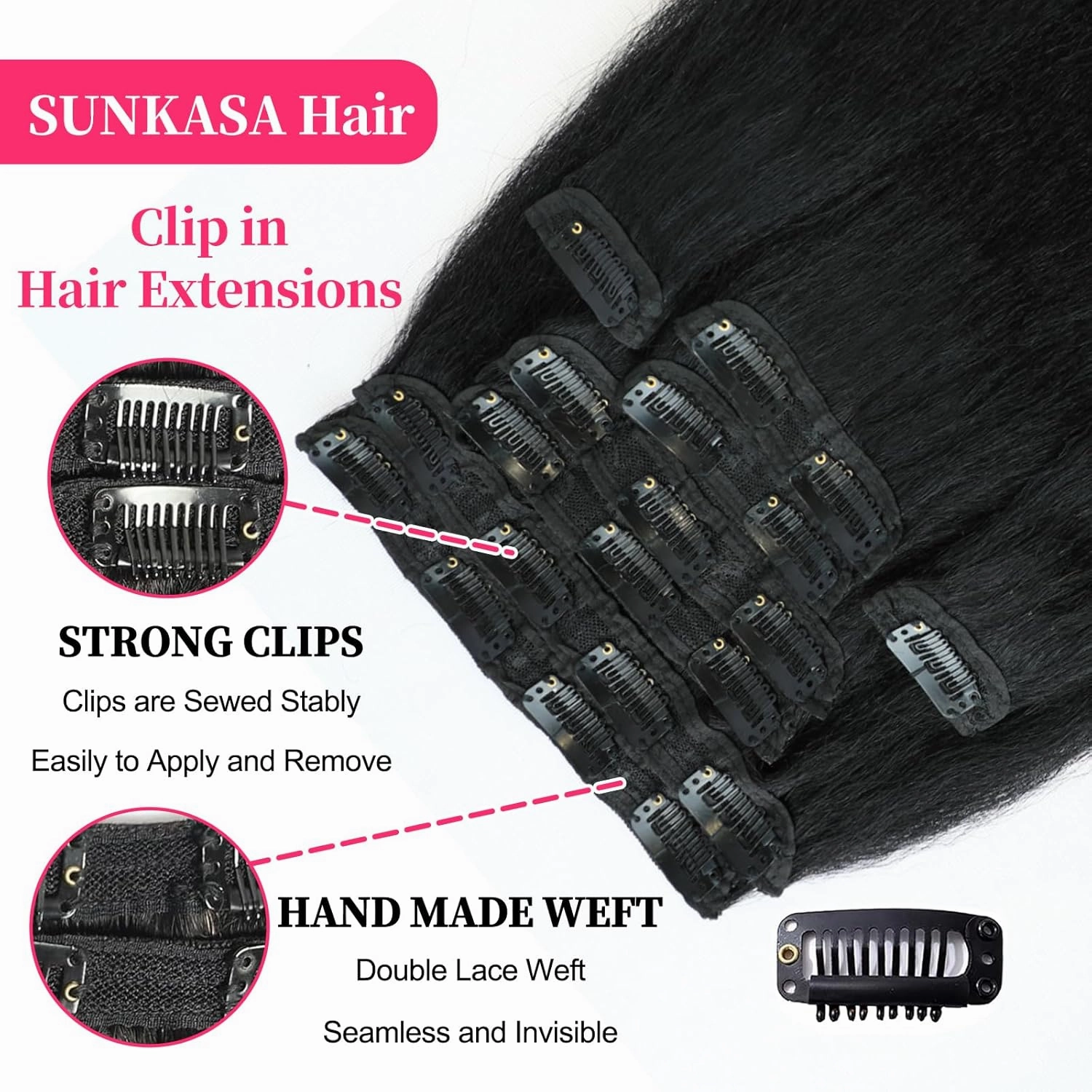 20 Inch Kinky Straight Clip in Hair Extensions Real Human Hair Clip in Extensions 8Pcs 110g 20 Clips Brazilian Virgin Hair Yaki Straight Clip ins Double Weft Natural Black