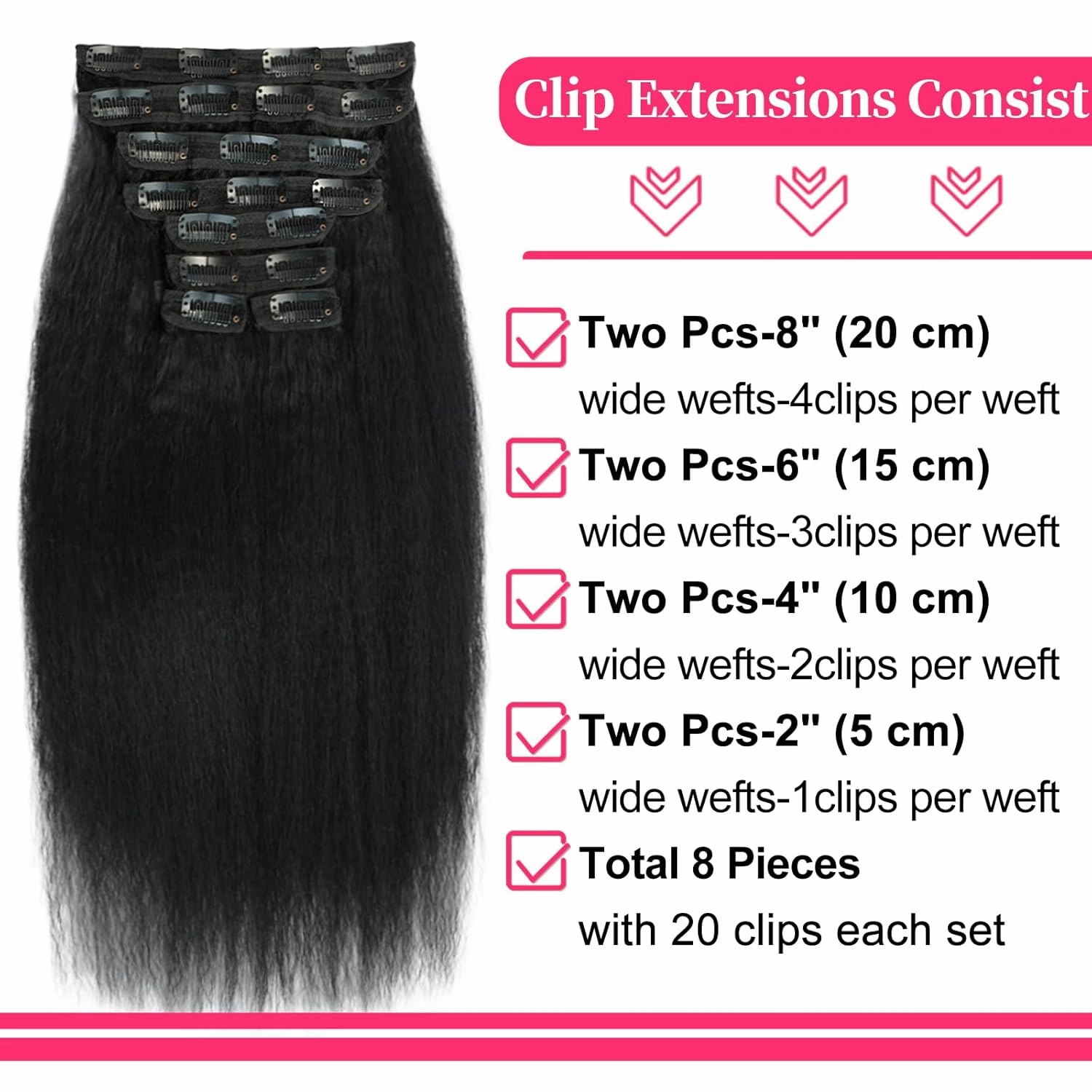 20 Inch Kinky Straight Clip in Hair Extensions Real Human Hair Clip in Extensions 8Pcs 110g 20 Clips Brazilian Virgin Hair Yaki Straight Clip ins Double Weft Natural Black