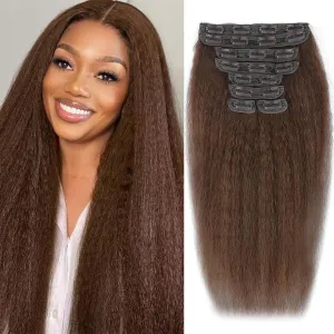 22 Inch Chocolate Brown Kinky Straight Clip in Hair Extensions Real Human Hair Clip in Extensions 8Pcs 110g 20 Clips Brazilian Virgin Hair Yaki Straight Clip ins Double Weft