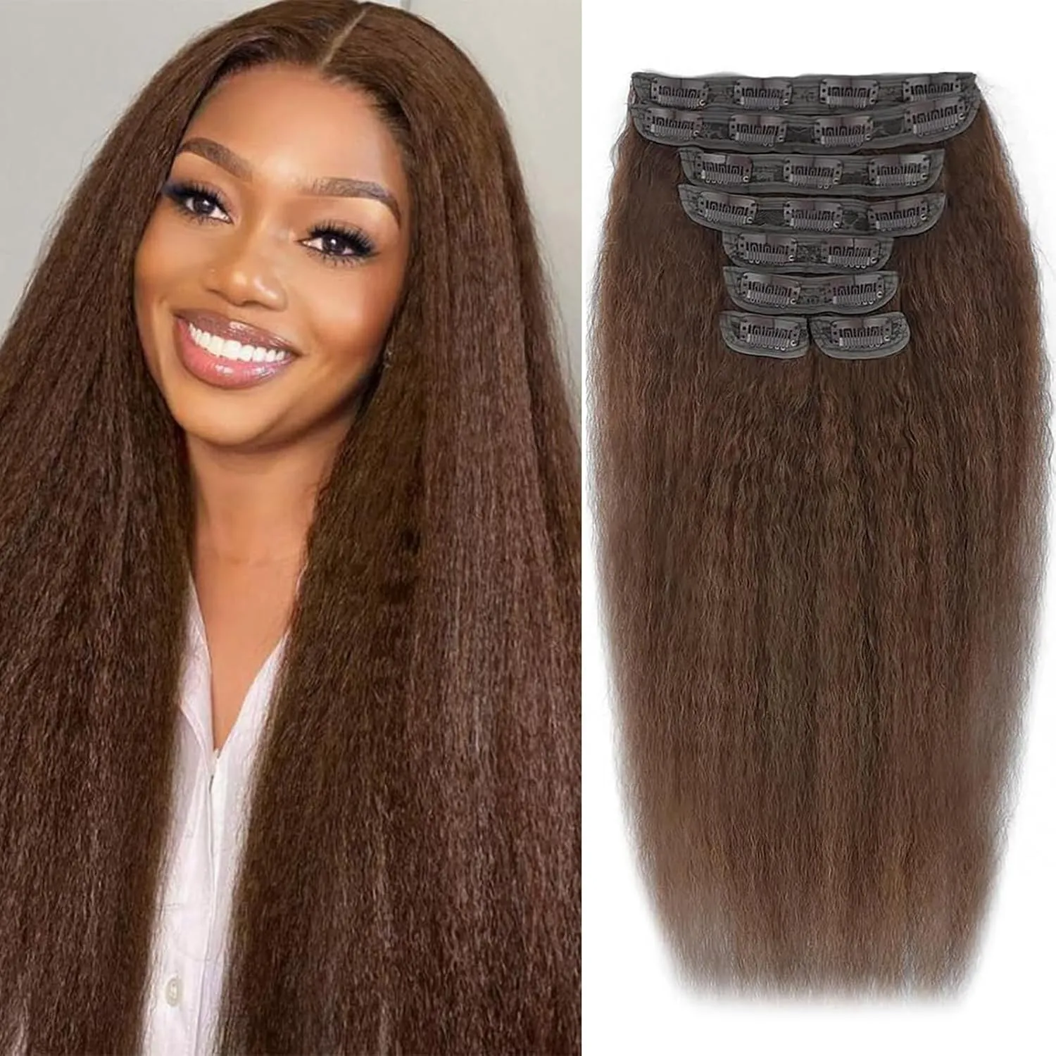 22 Inch Chocolate Brown Kinky Straight Clip in Hair Extensions Real Human Hair Clip in Extensions 8Pcs 110g 20 Clips Brazilian Virgin Hair Yaki Straight Clip ins Double Weft