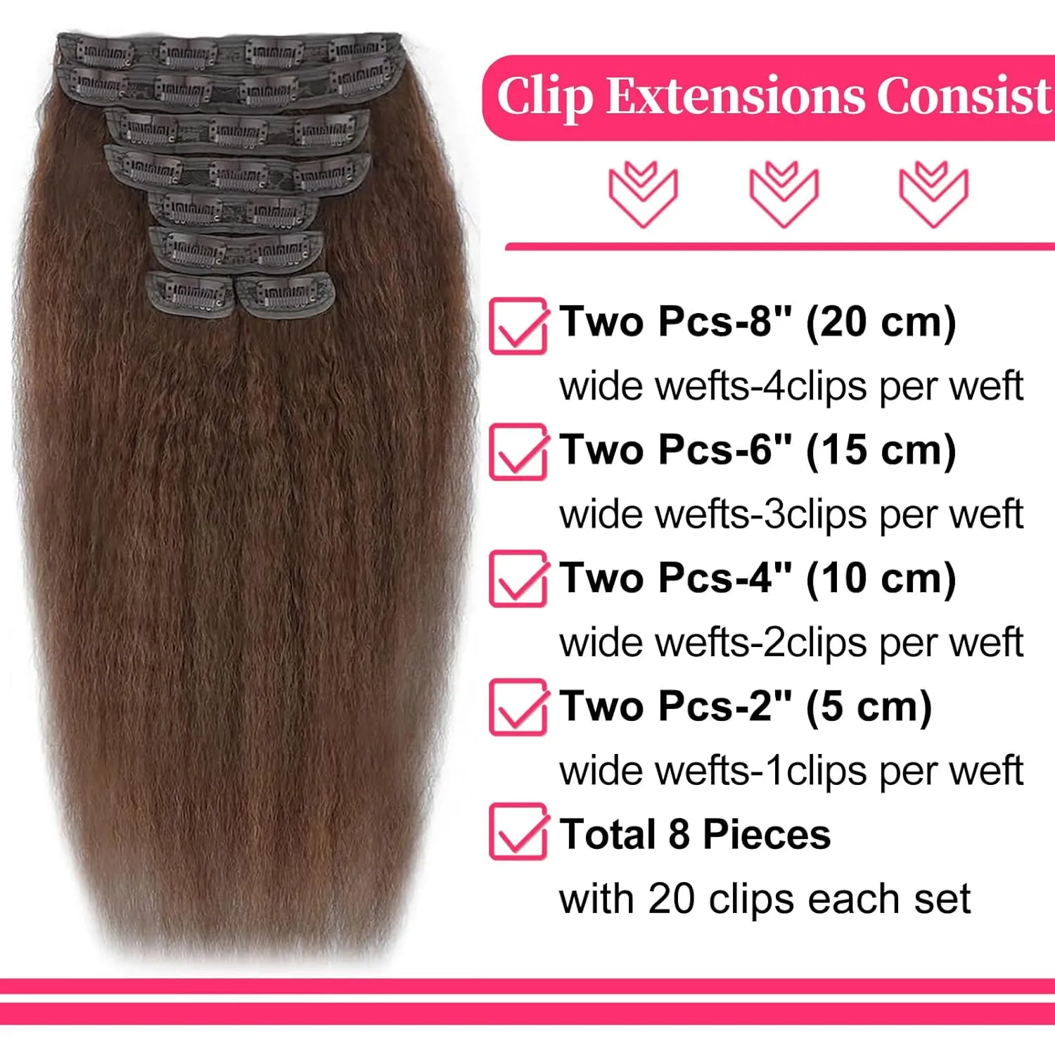 22 Inch Chocolate Brown Kinky Straight Clip in Hair Extensions Real Human Hair Clip in Extensions 8Pcs 110g 20 Clips Brazilian Virgin Hair Yaki Straight Clip ins Double Weft