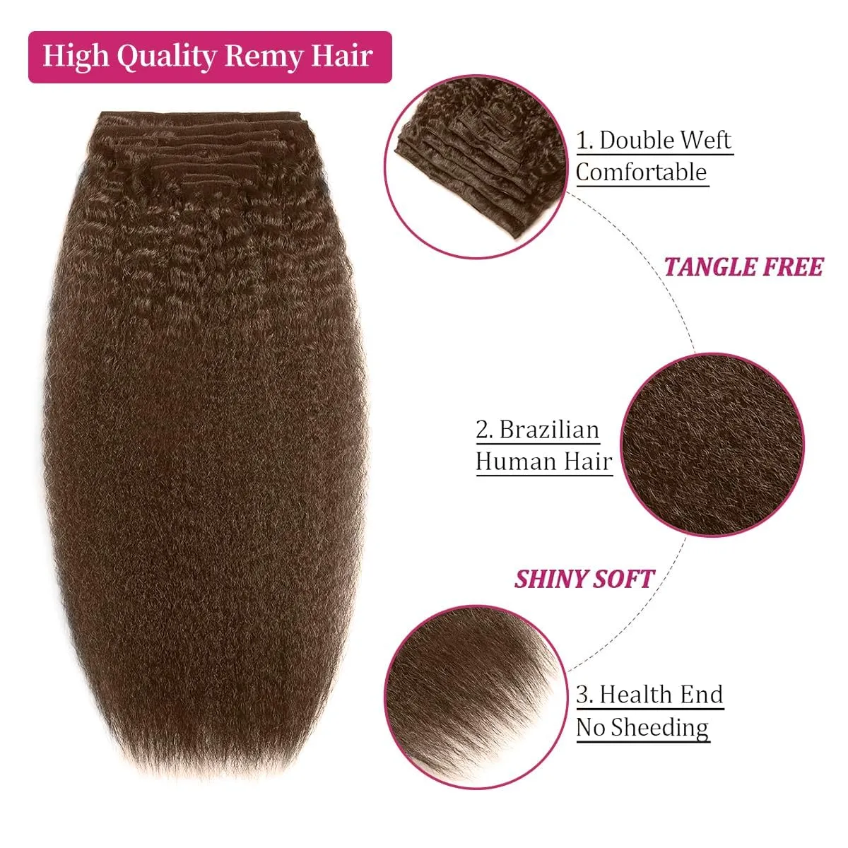 22 Inch Chocolate Brown Kinky Straight Clip in Hair Extensions Real Human Hair Clip in Extensions 8Pcs 110g 20 Clips Brazilian Virgin Hair Yaki Straight Clip ins Double Weft