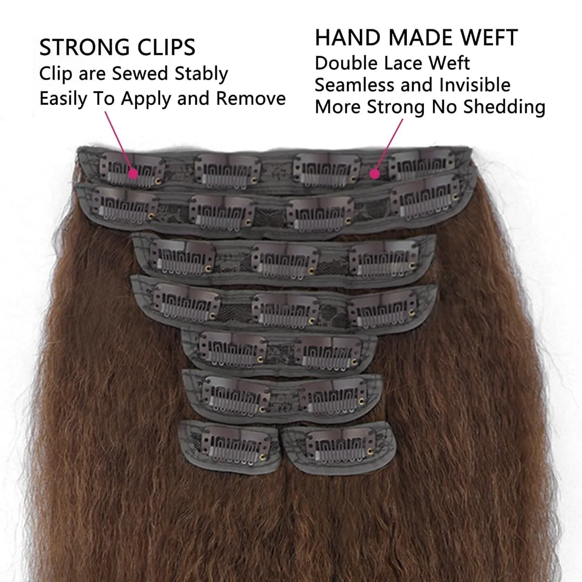 22 Inch Chocolate Brown Kinky Straight Clip in Hair Extensions Real Human Hair Clip in Extensions 8Pcs 110g 20 Clips Brazilian Virgin Hair Yaki Straight Clip ins Double Weft