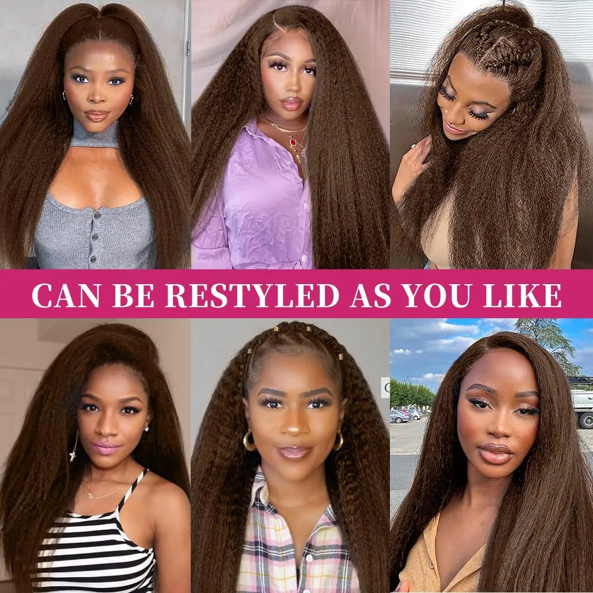 22 Inch Chocolate Brown Kinky Straight Clip in Hair Extensions Real Human Hair Clip in Extensions 8Pcs 110g 20 Clips Brazilian Virgin Hair Yaki Straight Clip ins Double Weft