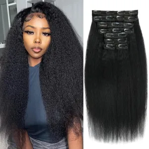 22 Inch Kinky Straight Clip in Hair Extensions Real Human Hair Clip in Extensions 8Pcs 110g 20 Clips Brazilian Virgin Hair Yaki Straight Clip ins Double Weft Natural Black
