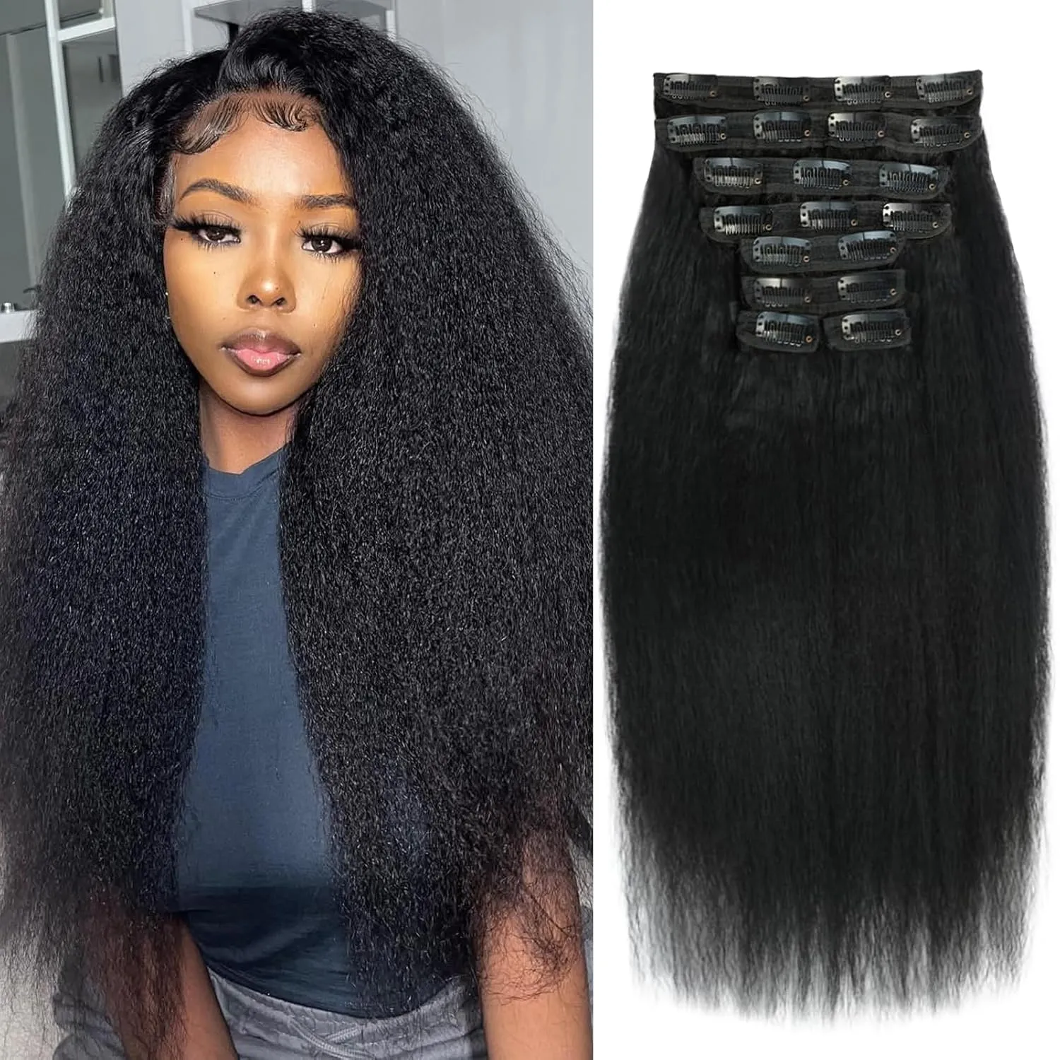 22 Inch Kinky Straight Clip in Hair Extensions Real Human Hair Clip in Extensions 8Pcs 110g 20 Clips Brazilian Virgin Hair Yaki Straight Clip ins Double Weft Natural Black