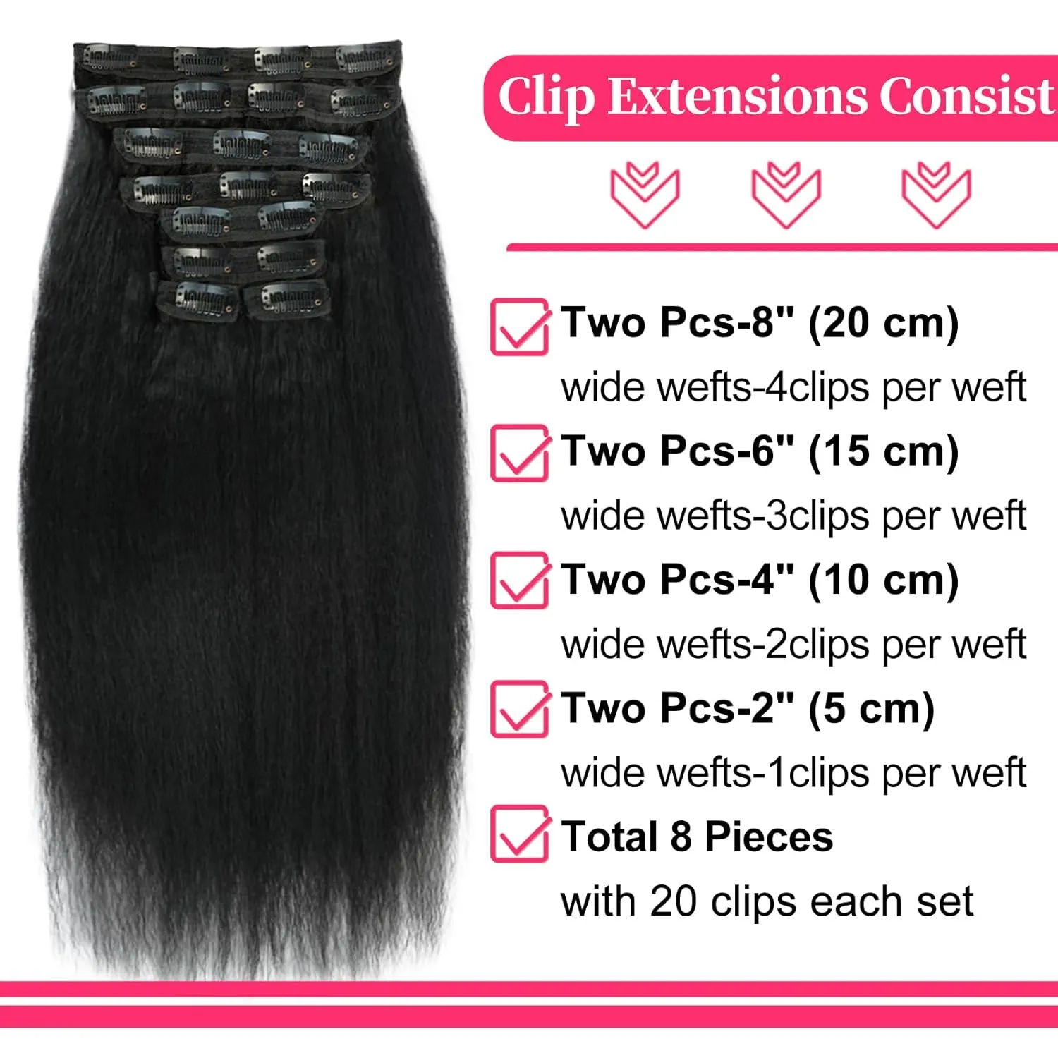 22 Inch Kinky Straight Clip in Hair Extensions Real Human Hair Clip in Extensions 8Pcs 110g 20 Clips Brazilian Virgin Hair Yaki Straight Clip ins Double Weft Natural Black