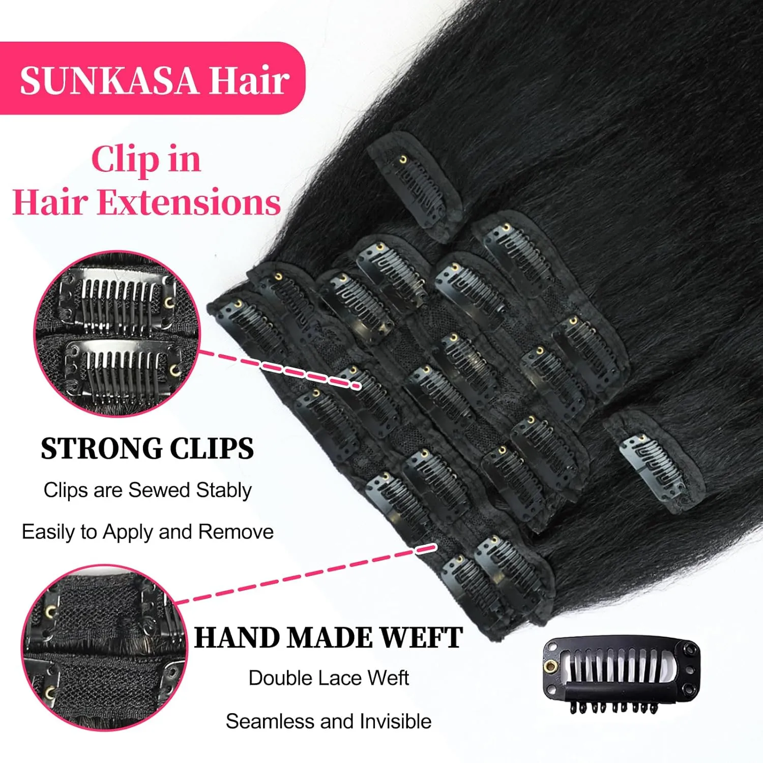 22 Inch Kinky Straight Clip in Hair Extensions Real Human Hair Clip in Extensions 8Pcs 110g 20 Clips Brazilian Virgin Hair Yaki Straight Clip ins Double Weft Natural Black