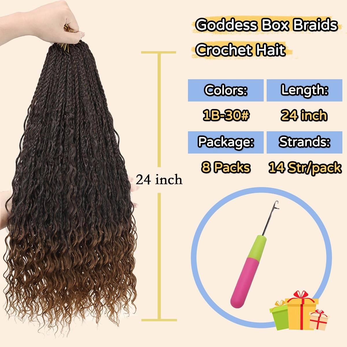 24 Inch 8 Packs Goddess Box Braids Crochet Hair for Black Women Boho Box Braid Bohemian Crochet Braids Pre-looped Crochet Braids with Curly Ends Synthetic Hair T30