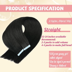 24Inch Straight Tape in Hair Extensions Human Hair Burmese Hair #1B Natural Black Tape in Extensions Double Sided Seamless Skin Weft Tape on Human Hair Extensions for Black Women