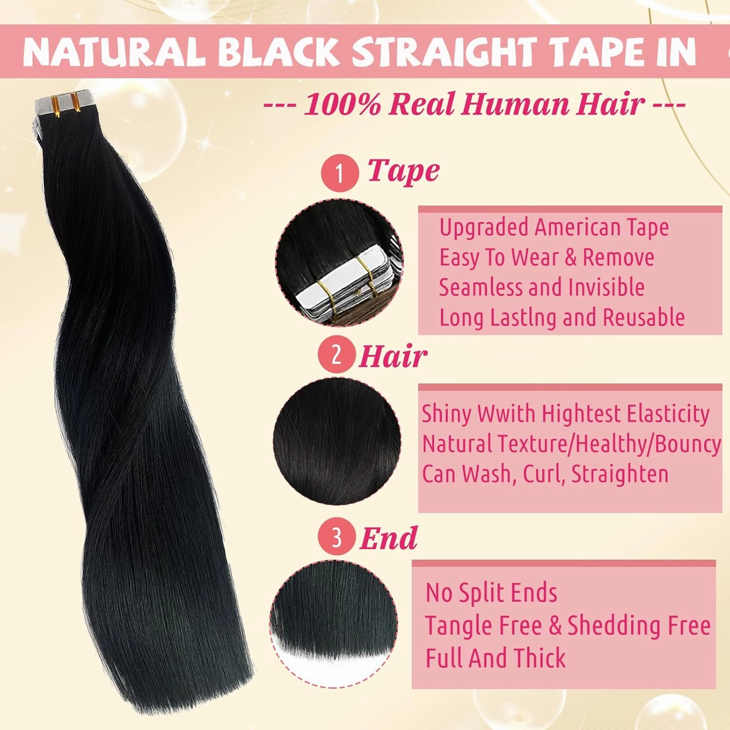 24Inch Straight Tape in Hair Extensions Human Hair Burmese Hair #1B Natural Black Tape in Extensions Double Sided Seamless Skin Weft Tape on Human Hair Extensions for Black Women