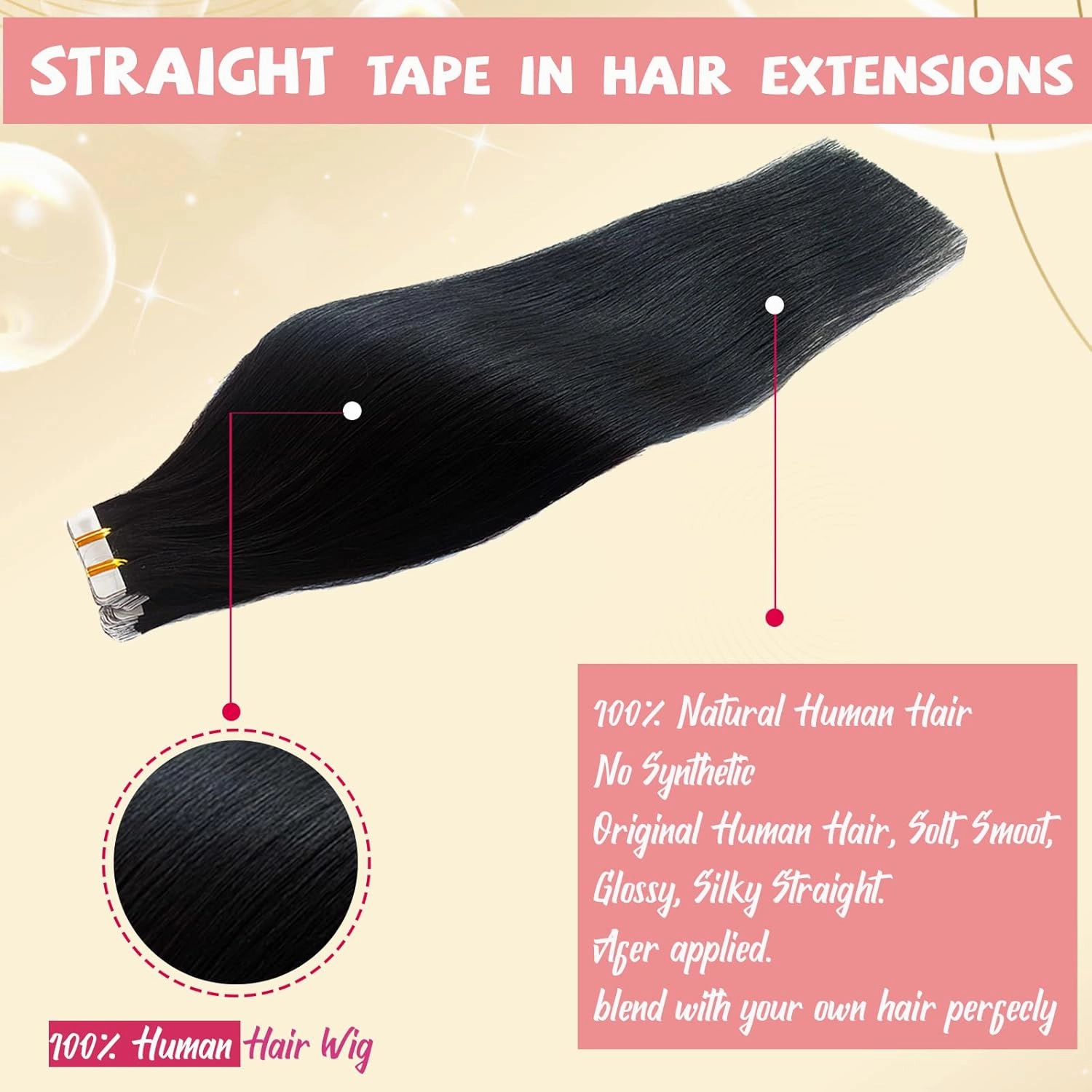 24Inch Straight Tape in Hair Extensions Human Hair Burmese Hair #1B Natural Black Tape in Extensions Double Sided Seamless Skin Weft Tape on Human Hair Extensions for Black Women