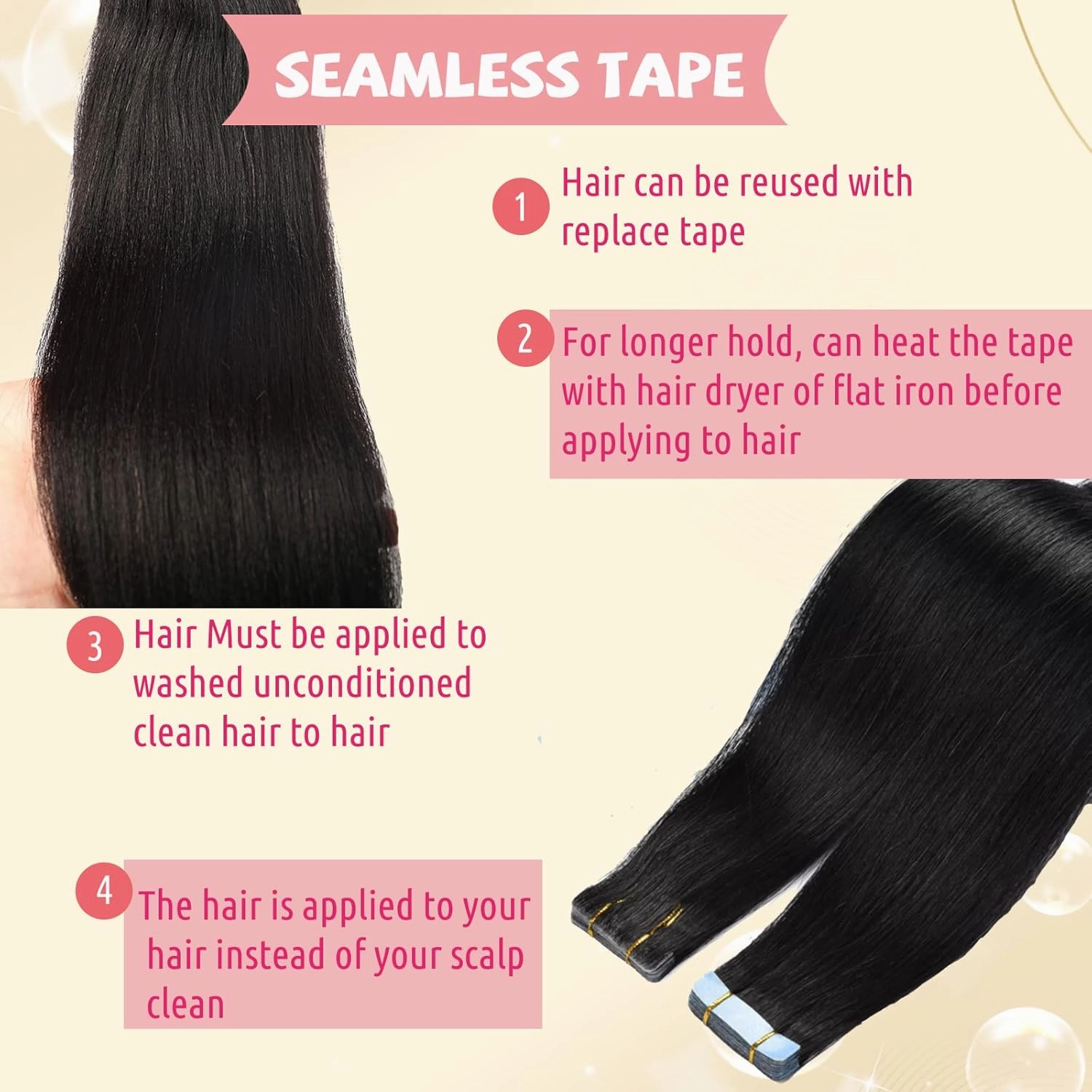 24Inch Straight Tape in Hair Extensions Human Hair Burmese Hair #1B Natural Black Tape in Extensions Double Sided Seamless Skin Weft Tape on Human Hair Extensions for Black Women