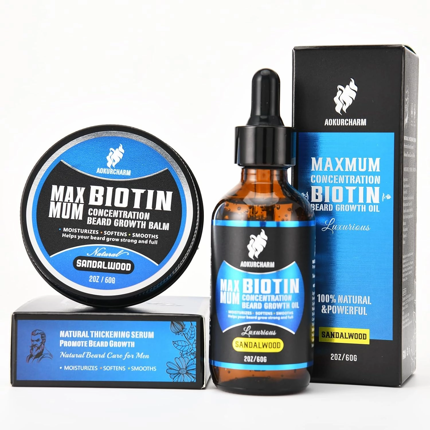 2 Pack Biotin Beard Growth Kit for Men – Sandalwood Beard Oil & Balm – Beard Care Set for Growth, Softening & Styling – Gift for Father’s Day & Christmas