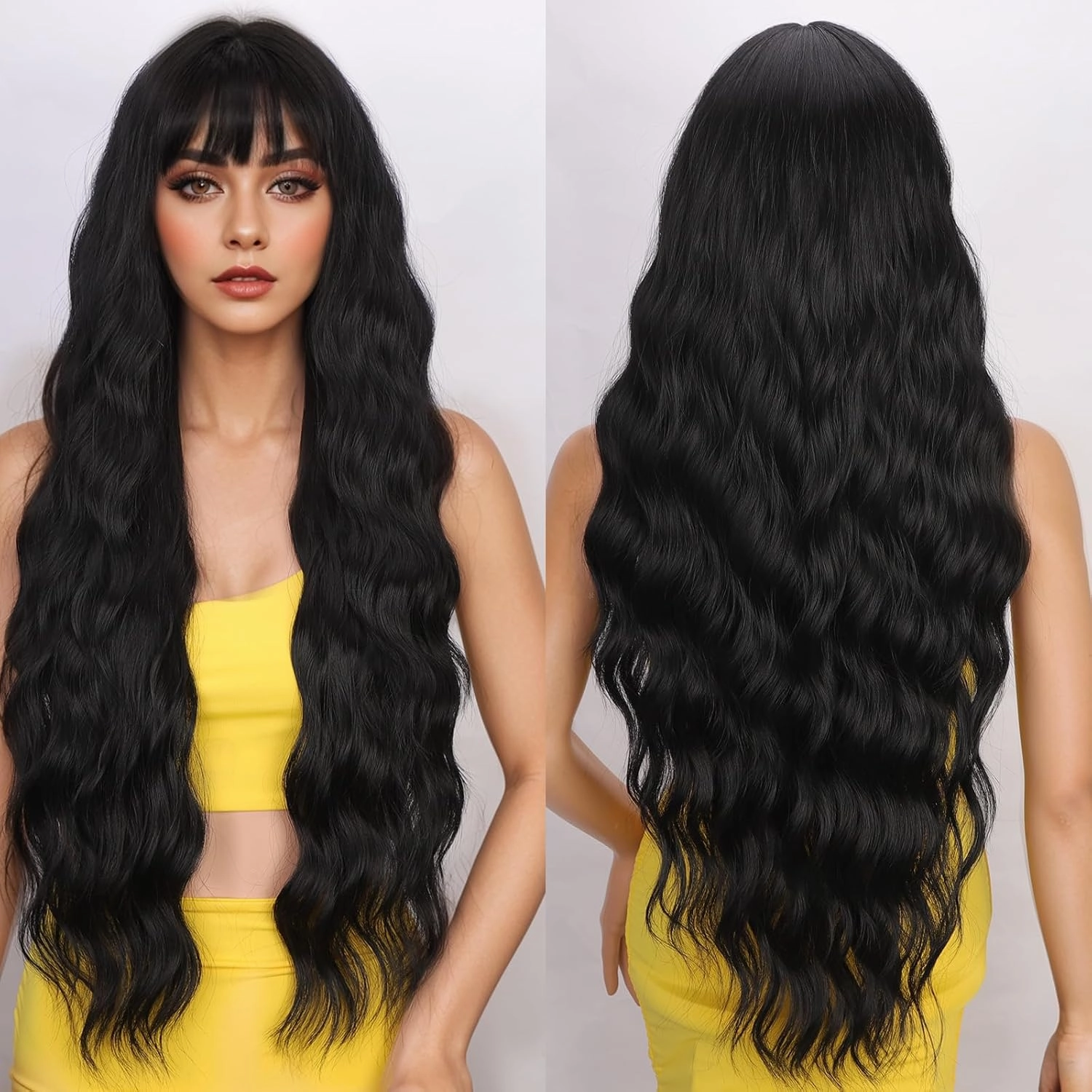 30 Inch Long Black Wigs with Bangs Long Wavy Wigs for Women Natural looking Wig Synthetic Curly Wavy Hair Replacement Wigs for Daily Party Use
