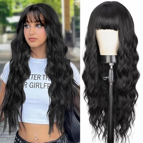 30 Inch Long Black Wigs with Bangs Long Wavy Wigs for Women Natural looking Wig Synthetic Curly Wavy Hair Replacement Wigs for Daily Party Use